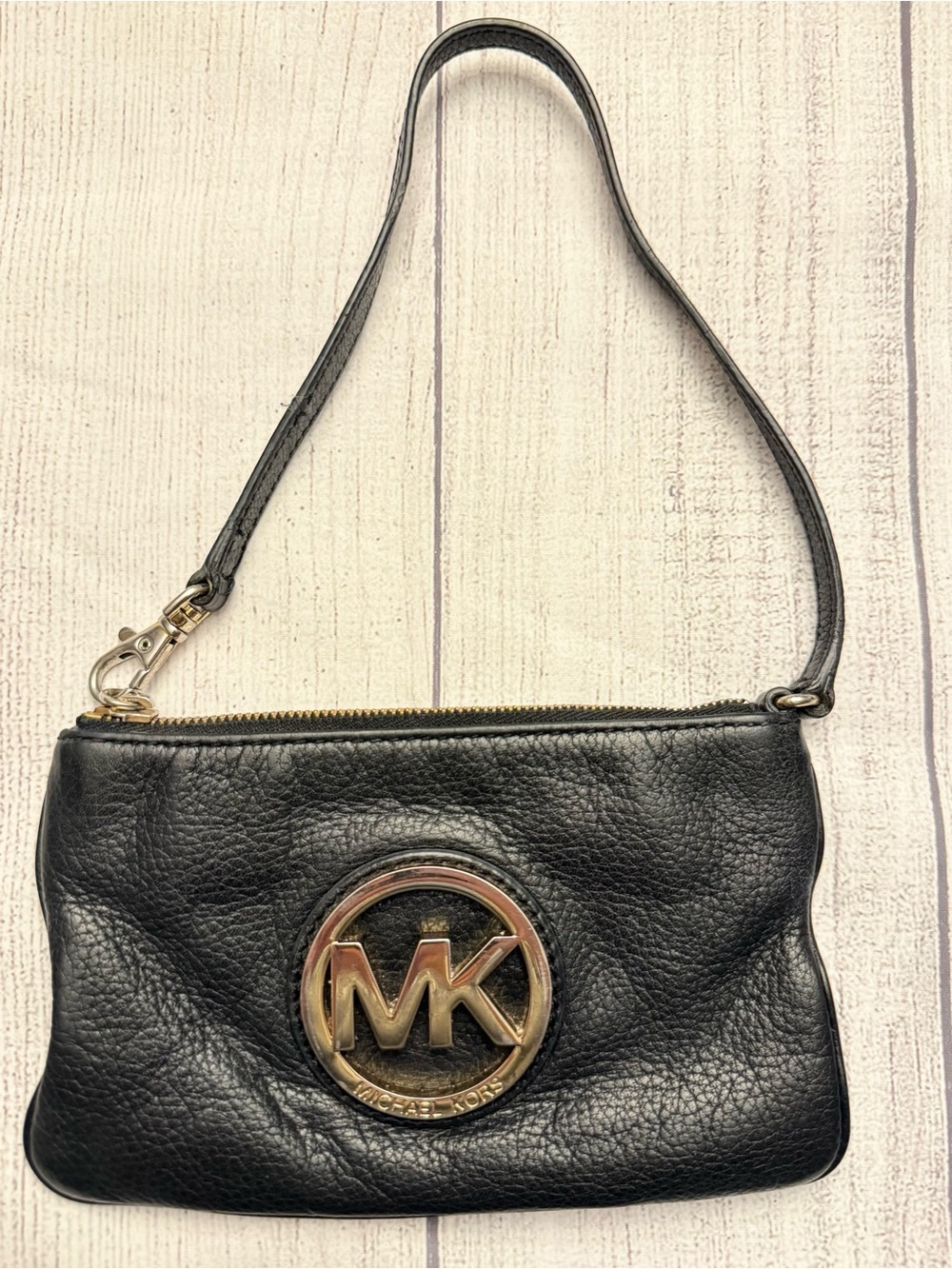 Michael Kors Black Leather Wristlet Clutch Gold Logo Small Purse